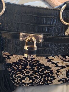 Sharif Black Croc-Embossed Tote with Gold Lock & Brocade Panel